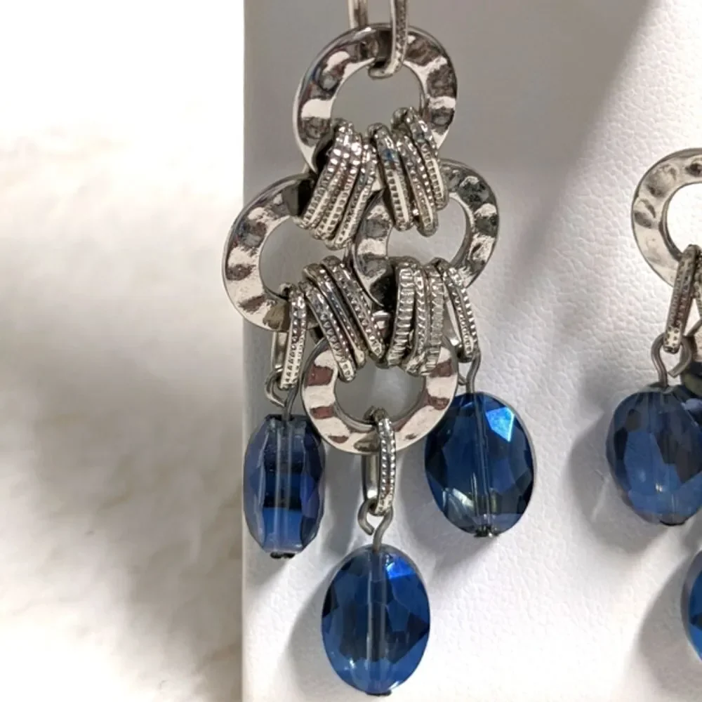 Vintage & Blue Bead & Silvertone Dangle Pierced Earrings - Picture 3 of 6